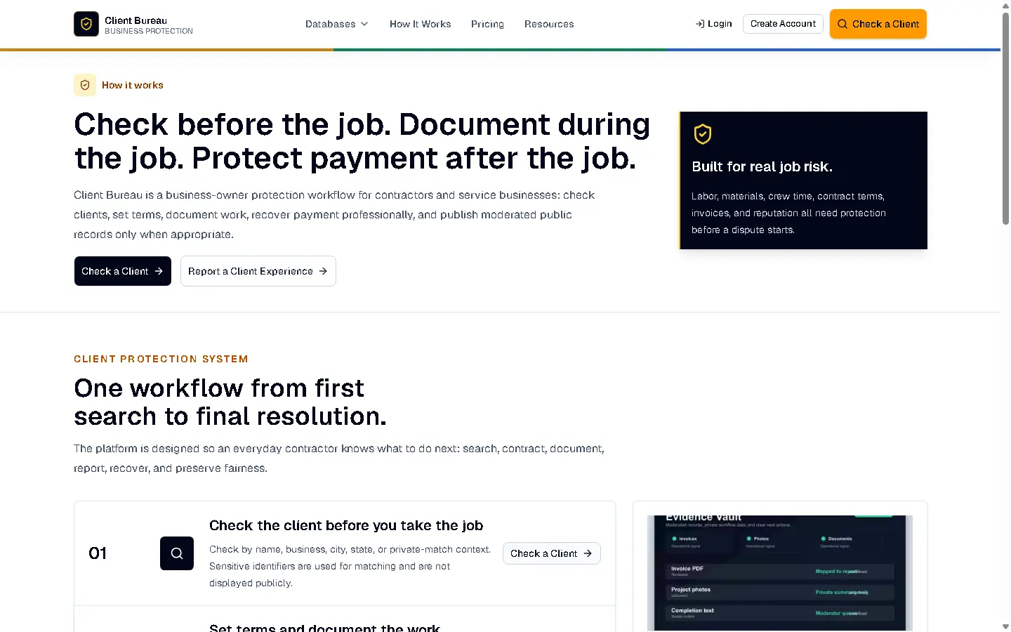 Client Bureau How It Works page explaining the contractor protection process